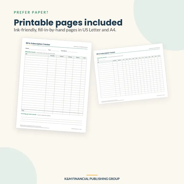 Bill & Subscription Tracker: printable pages (mockup)