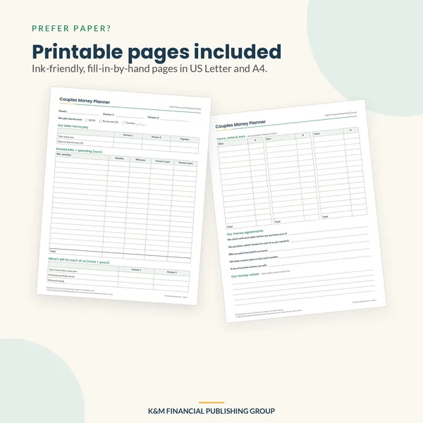 Couples Money Planner + Money Date Kit: printable pages (mockup)