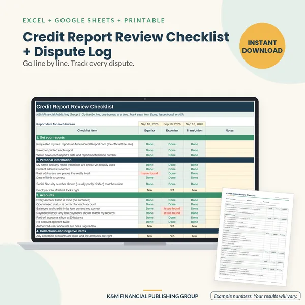 Credit Report Review Checklist + Dispute Log: preview (mockup)