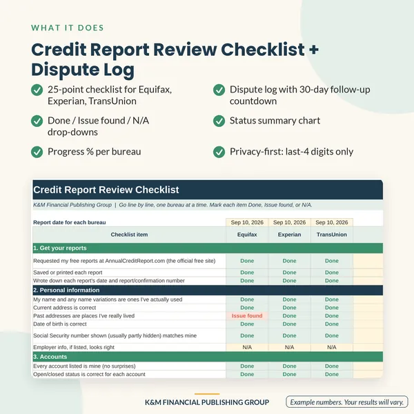 Credit Report Review Checklist + Dispute Log: features (mockup)