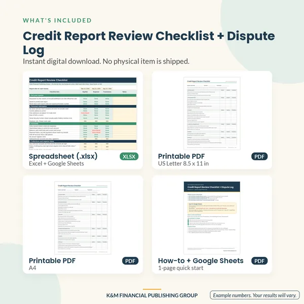 Credit Report Review Checklist + Dispute Log: what's included (mockup)