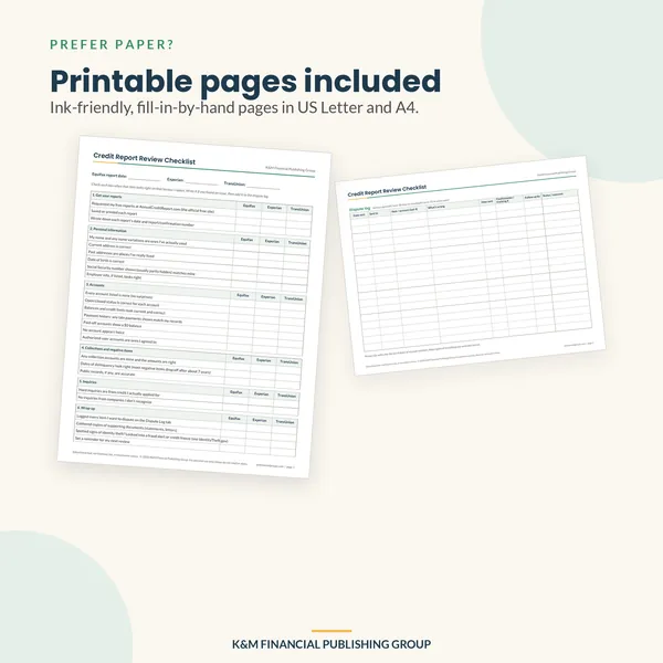 Credit Report Review Checklist + Dispute Log: printable pages (mockup)