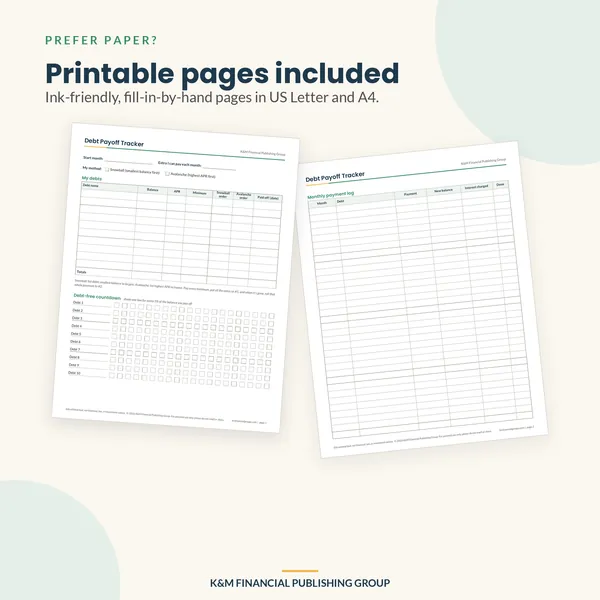 Debt Payoff Tracker: printable pages (mockup)