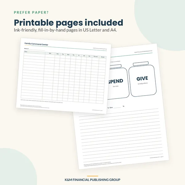 Family Command Center + Kids Money Pages: printable pages (mockup)