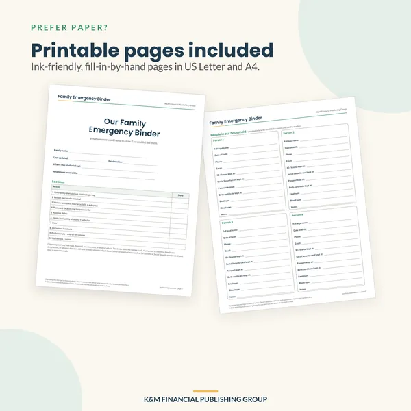 Family Emergency Binder: printable pages (mockup)