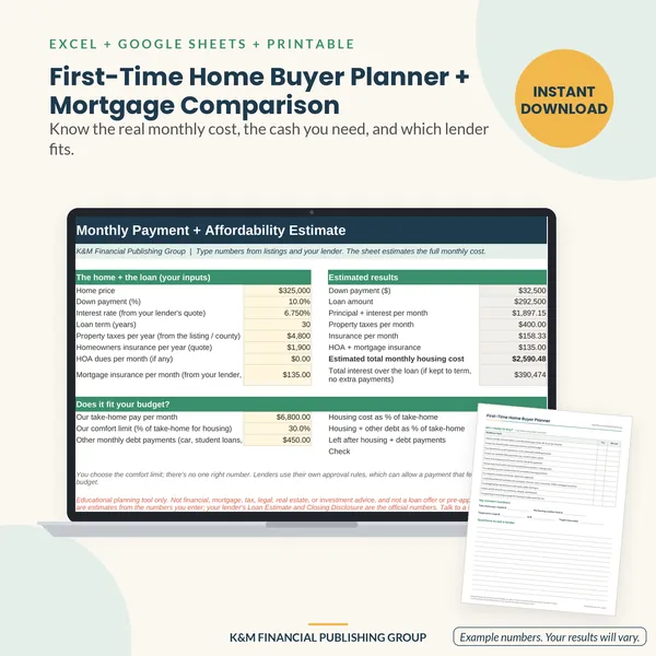 First-Time Home Buyer Planner + Mortgage Comparison: preview (mockup)