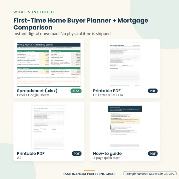 First-Time Home Buyer Planner + Mortgage Comparison: what's included (mockup)