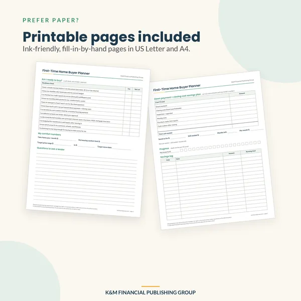 First-Time Home Buyer Planner + Mortgage Comparison: printable pages (mockup)
