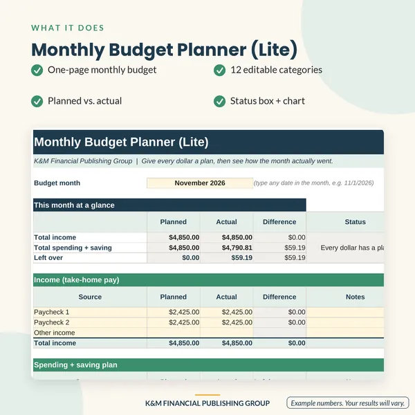 Monthly Budget Planner (Lite): features (mockup)