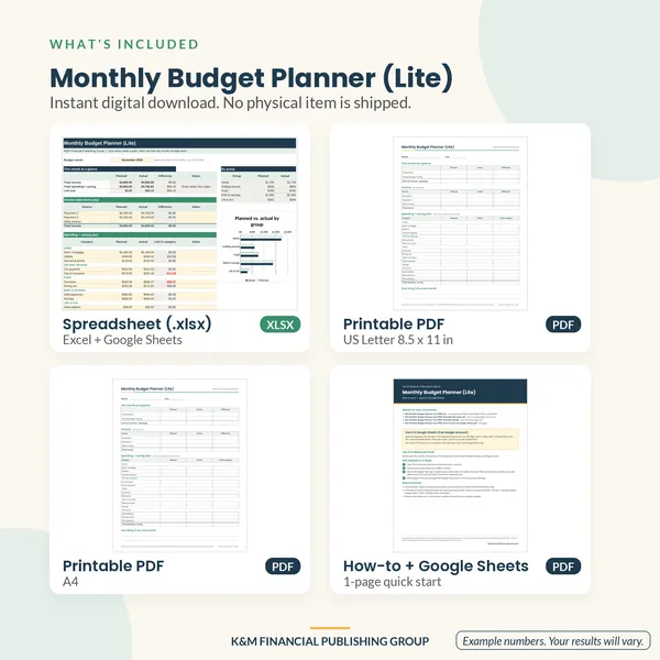 Monthly Budget Planner (Lite): what's included (mockup)