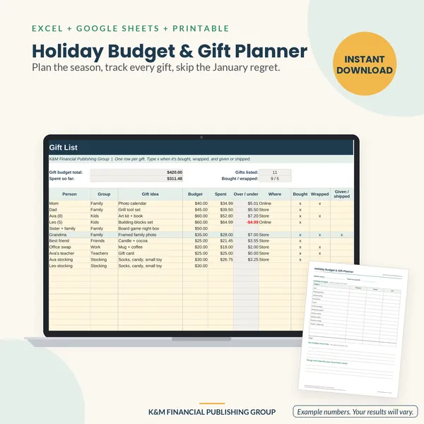 Holiday Budget & Gift Planner: preview (mockup)