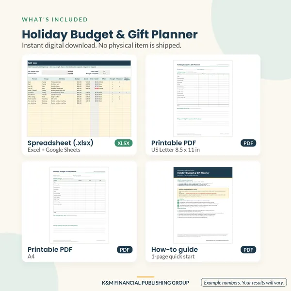 Holiday Budget & Gift Planner: what's included (mockup)