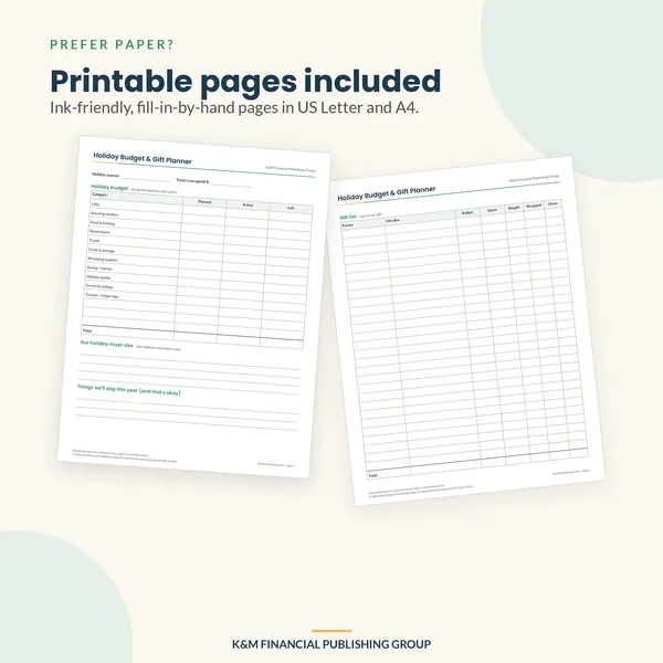 Holiday Budget & Gift Planner: printable pages (mockup)