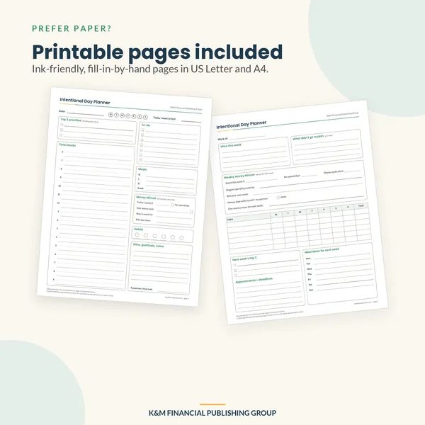 "Intentional Day" Daily Planner: printable pages (mockup)