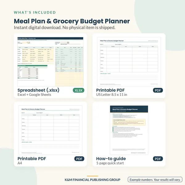 Meal Plan & Grocery Budget Planner: what's included (mockup)