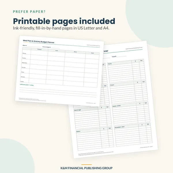 Meal Plan & Grocery Budget Planner: printable pages (mockup)