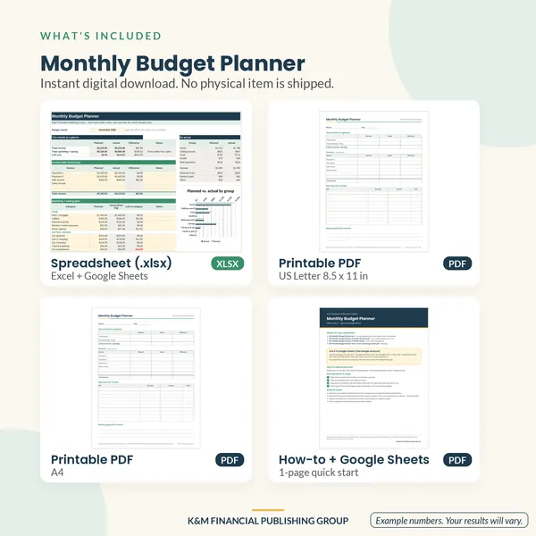 Monthly Budget Planner: what's included (mockup)