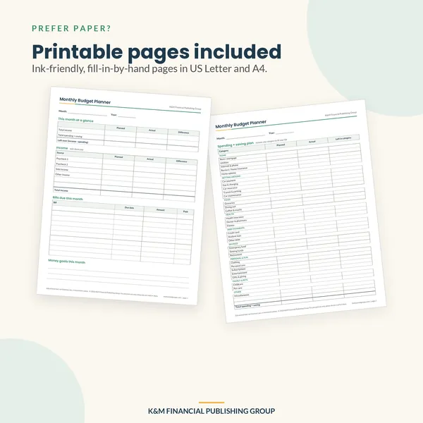 Monthly Budget Planner: printable pages (mockup)