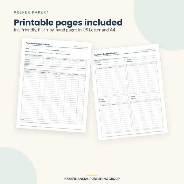 Paycheck Budget Planner: printable pages (mockup)