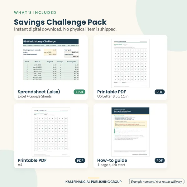 Savings Challenge Pack: what's included (mockup)