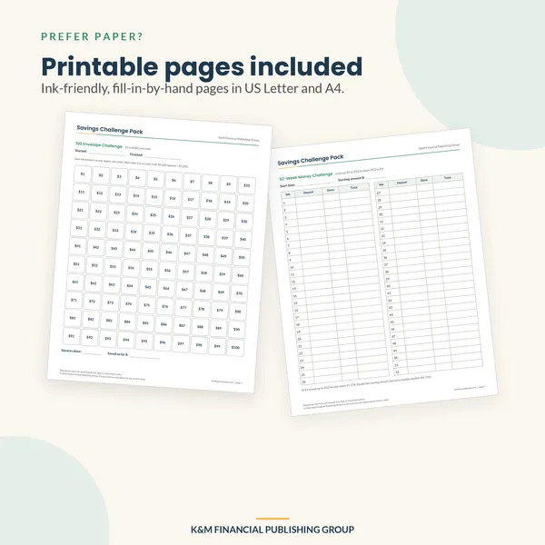 Savings Challenge Pack: printable pages (mockup)