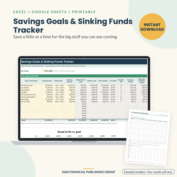 Savings Goals & Sinking Funds Tracker: preview (mockup)