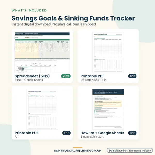 Savings Goals & Sinking Funds Tracker: what's included (mockup)