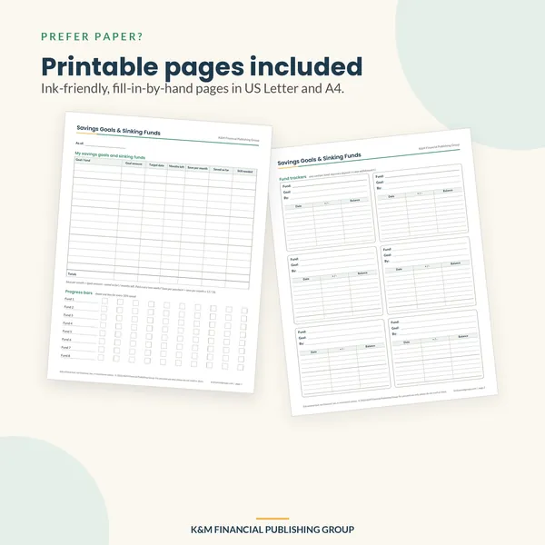 Savings Goals & Sinking Funds Tracker: printable pages (mockup)