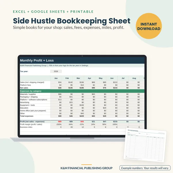 Side Hustle Bookkeeping Sheet: preview (mockup)