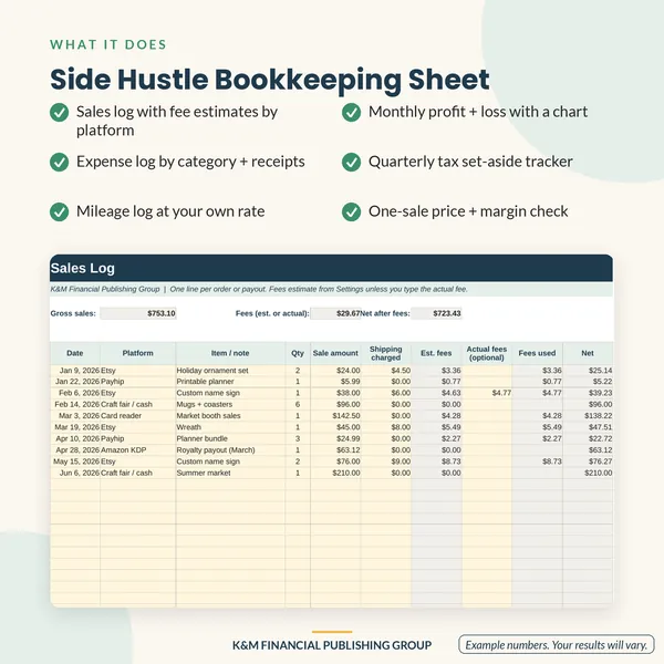 Side Hustle Bookkeeping Sheet: features (mockup)