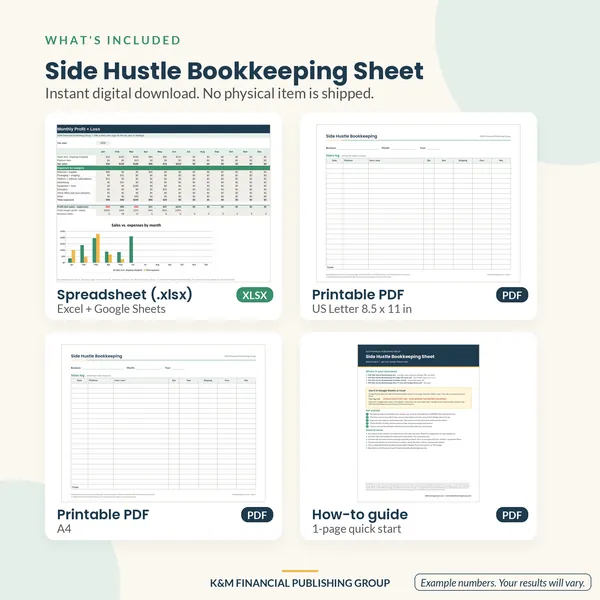 Side Hustle Bookkeeping Sheet: what's included (mockup)