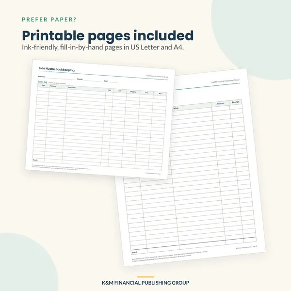 Side Hustle Bookkeeping Sheet: printable pages (mockup)